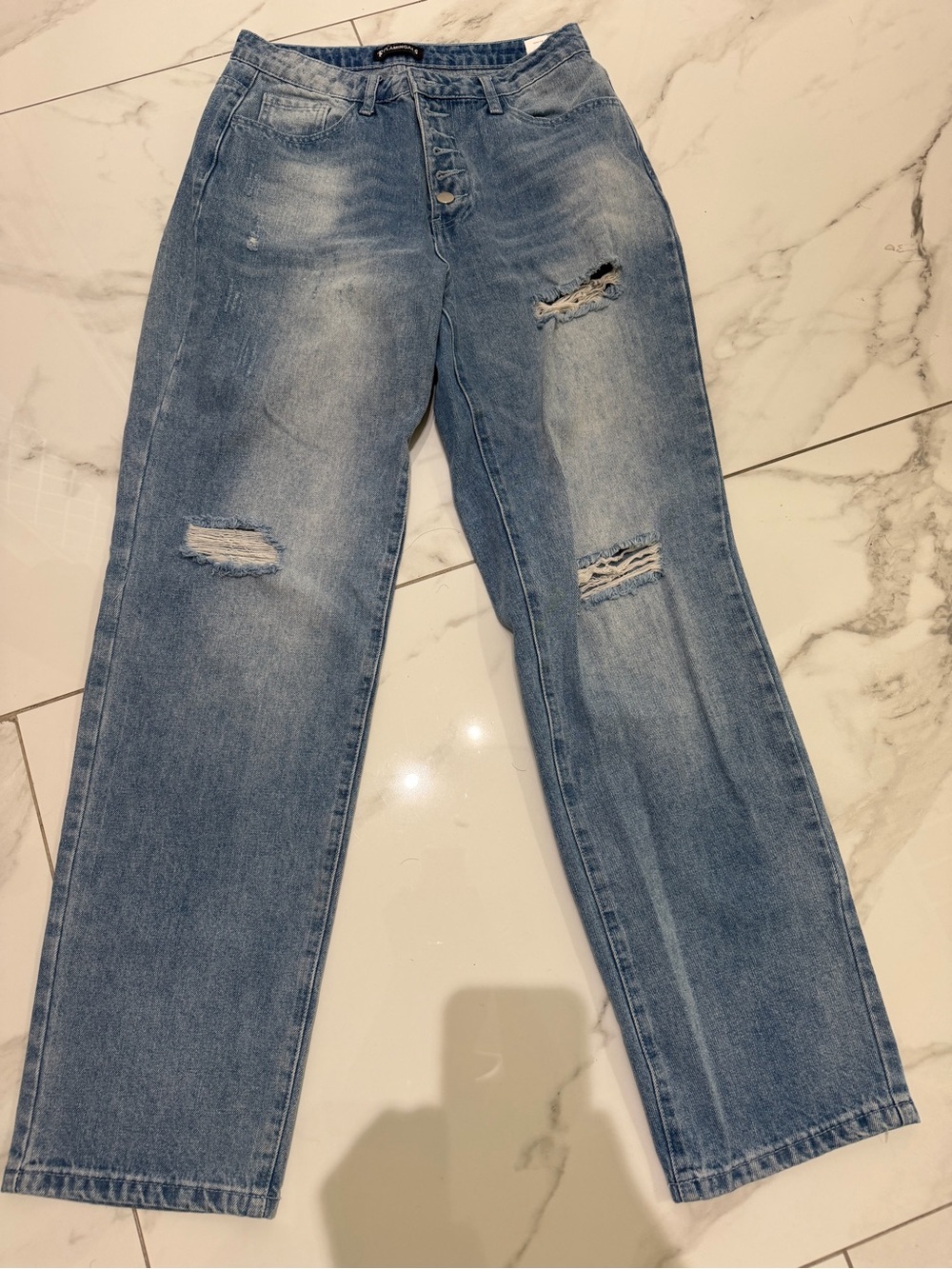 Straight Leg Distressed Women's Jeans in Light Blue
